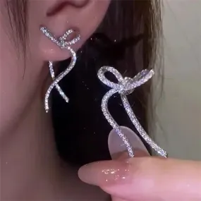 Silver Color Ribbon Bow Korean Style Rhinestone Wedding Fashion Earring