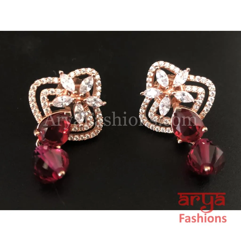 Silver Cubic Zirconia studs with dark Pink Beads in Rose Gold