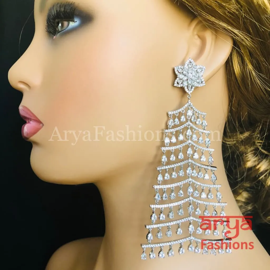 Silver CZ Long Designer Cocktail Earrings / CZ Chandelier Earrings