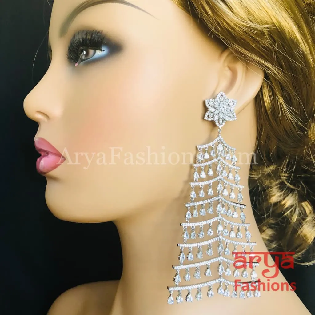 Silver CZ Long Designer Cocktail Earrings / CZ Chandelier Earrings