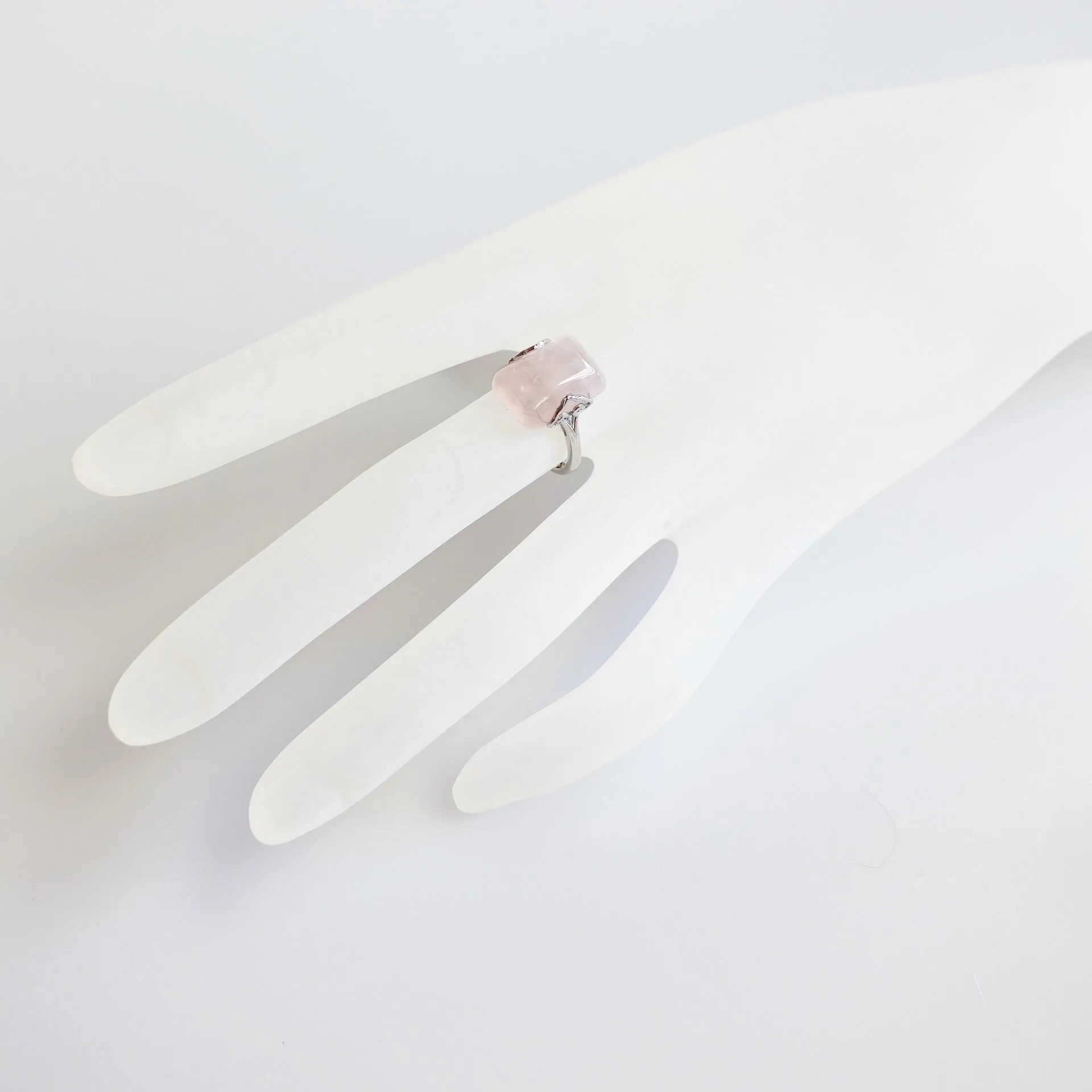 Silver Rectangle Rose Quartz Ring