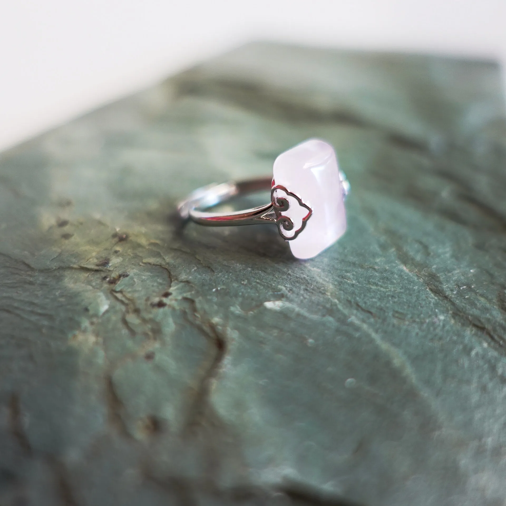 Silver Rectangle Rose Quartz Ring