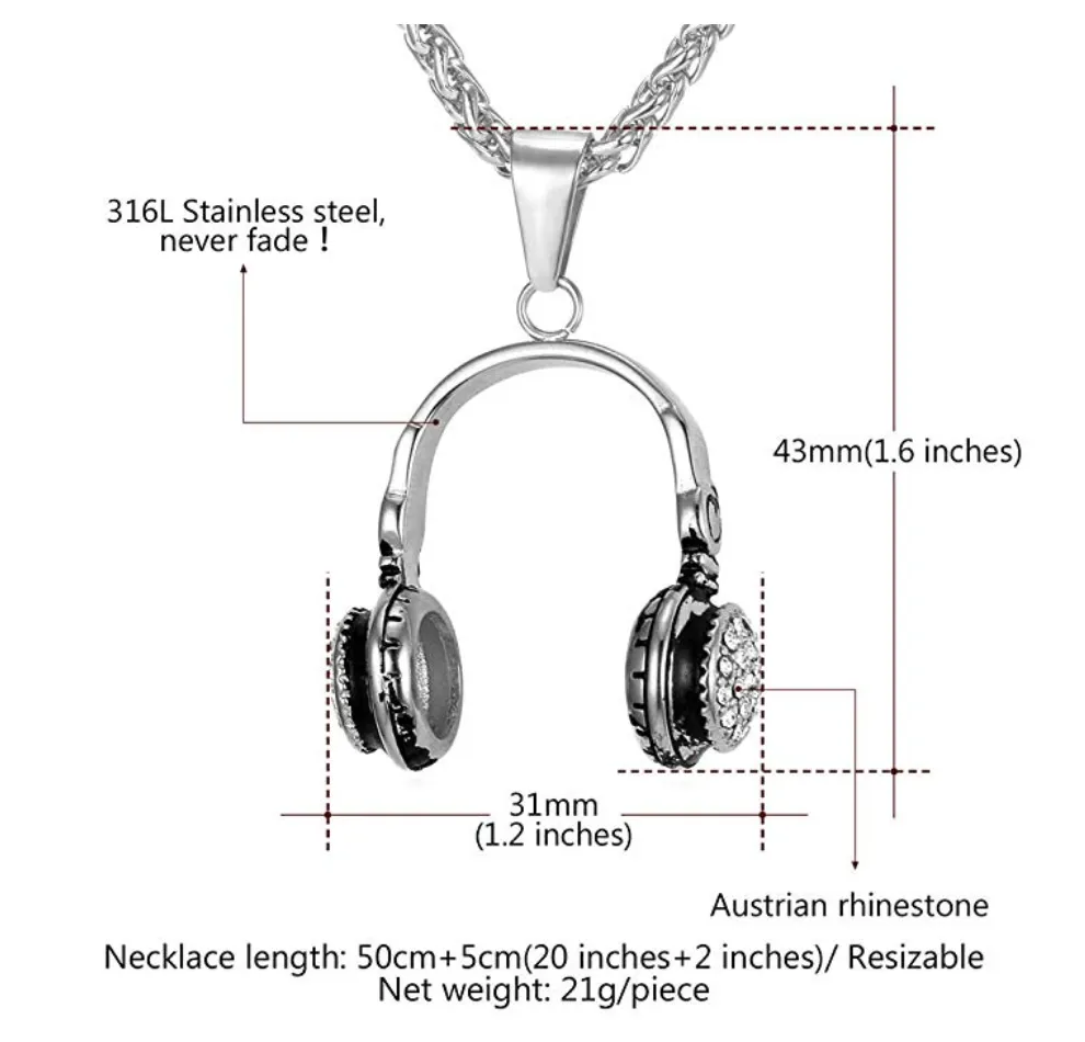 Simulated Diamond Headphone Necklace Disc Jockey Jewelry Hip Hop DJ Chain 24in.