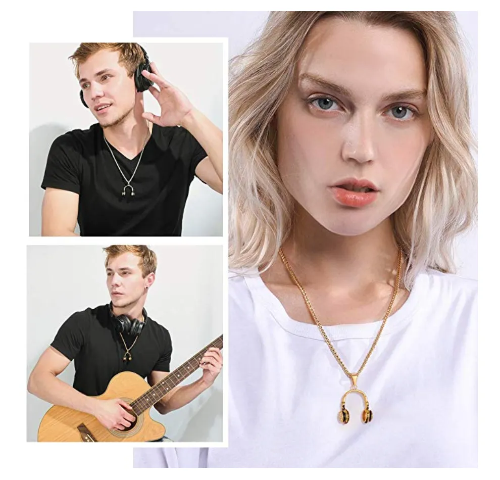 Simulated Diamond Headphone Necklace Disc Jockey Jewelry Hip Hop DJ Chain 24in.