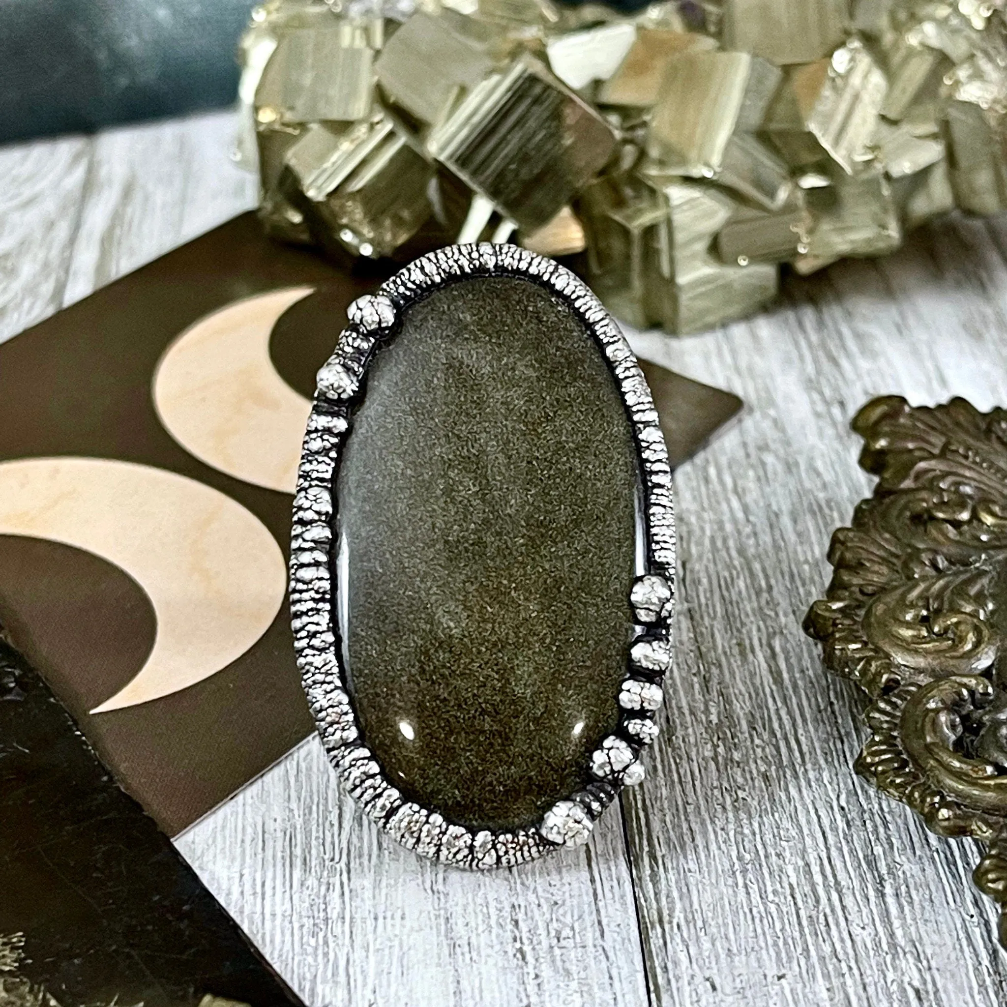 Size 9 Golden Sheen Obsidian Statement Ring in Fine Silver /  Foxlark Collection - One of a Kind