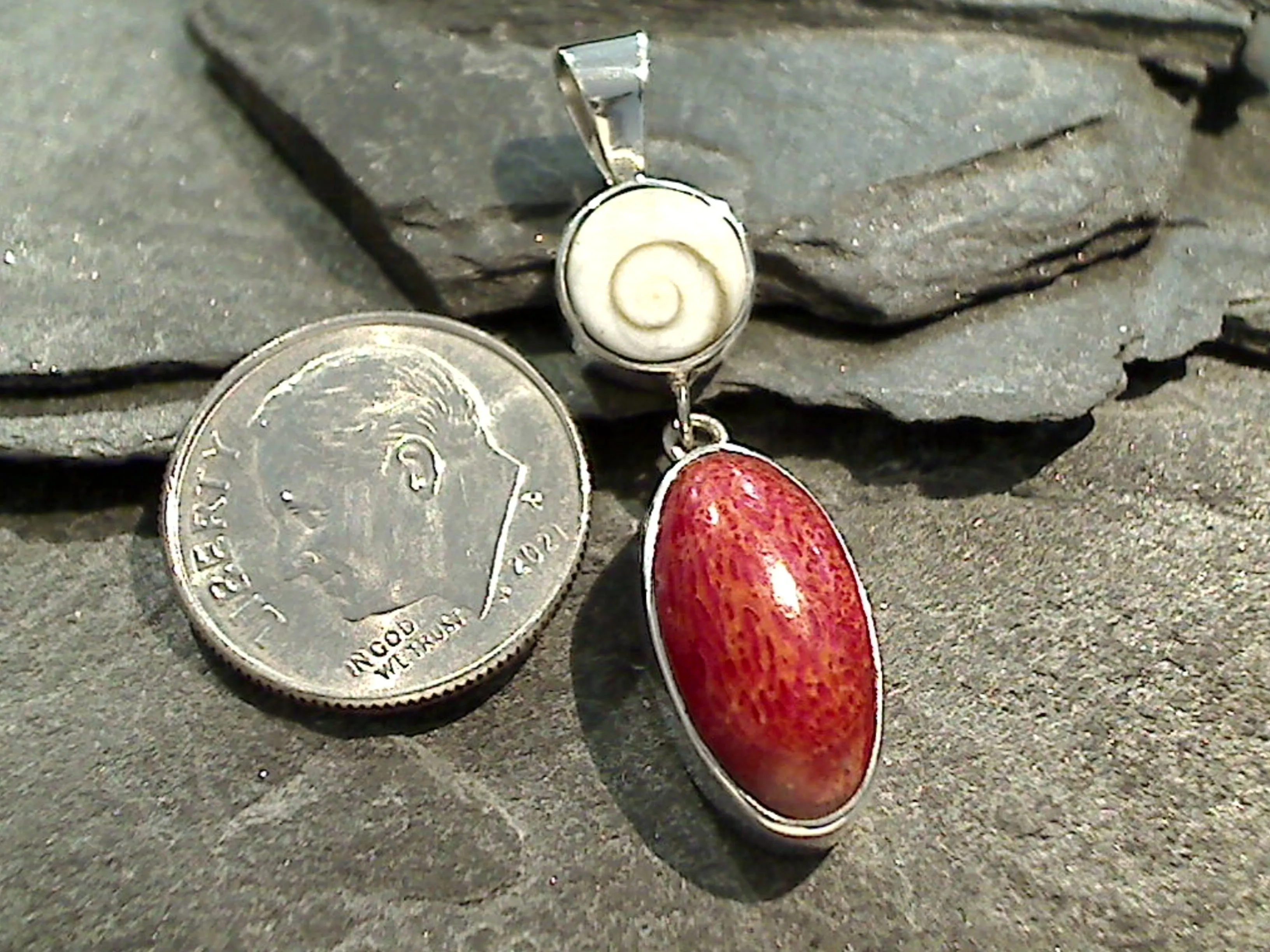 Sponge Coral, Shiva's Eye Shell, Sterling Silver Small Pendant