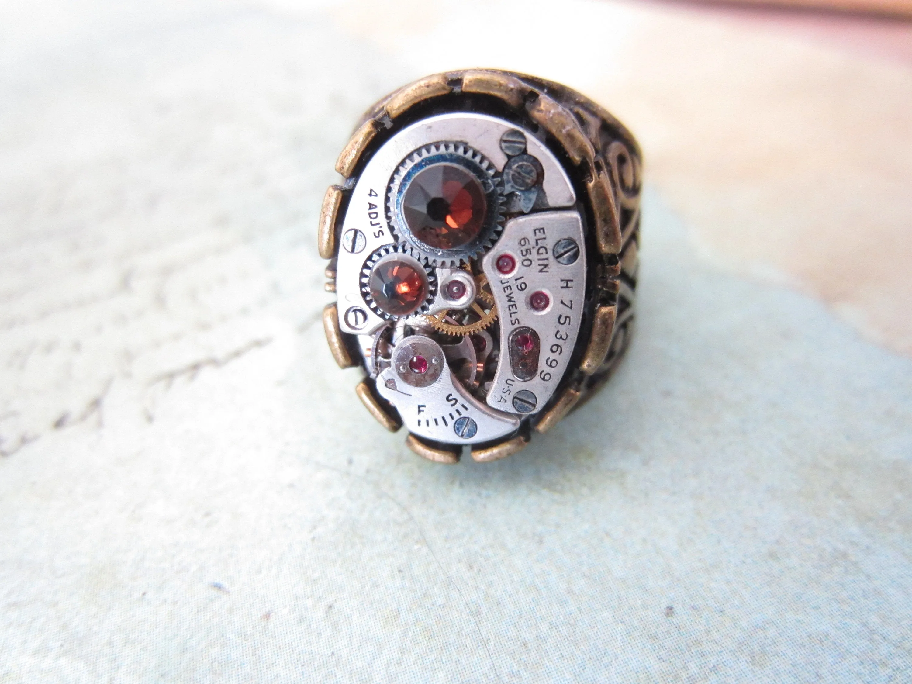 Steampunk Ring - Topaz Ring For Her - Elgin Watch Movement Ring For Him - November Birthstone - Antique Bronze - Adjustable Victorian Ring