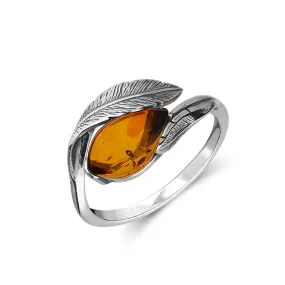 Sterling Silver Amber Feather Adjustable Ring