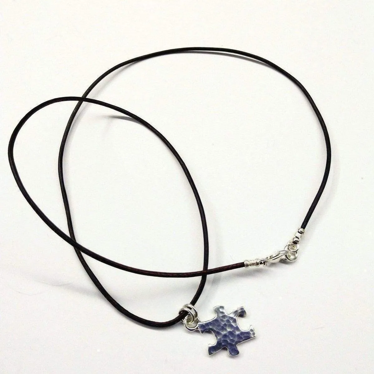 Sterling Silver Autism Awareness Puzzle Piece Leather Necklace