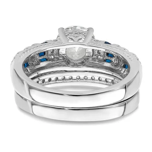 Sterling Silver Blue and White CZ Engagement Ring and Band Set