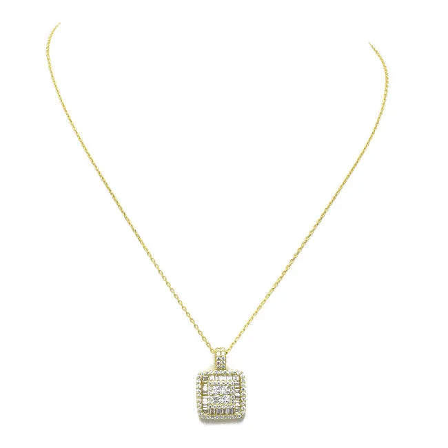 Sterling Silver Gold Plated CZ Pave Square Pendant Necklace