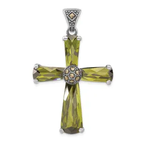 Sterling Silver Green C.Z Marcasite Cross Pendant