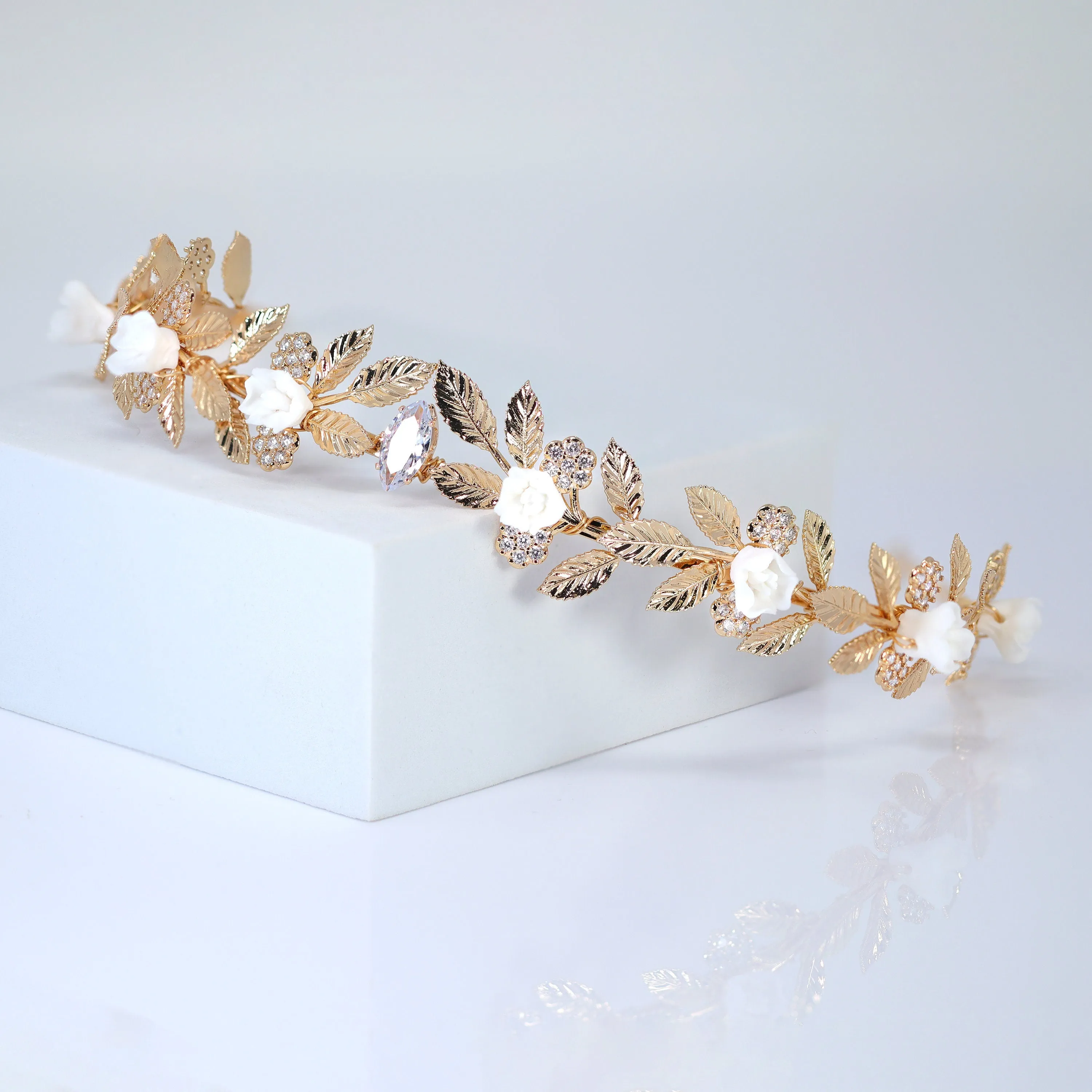 Swarovski Crystal And Porcelain White Flower Starlit Rose Garden Vine Leaves Queen Tiara/Headband , Bridal Crown, Wedding Tiara.