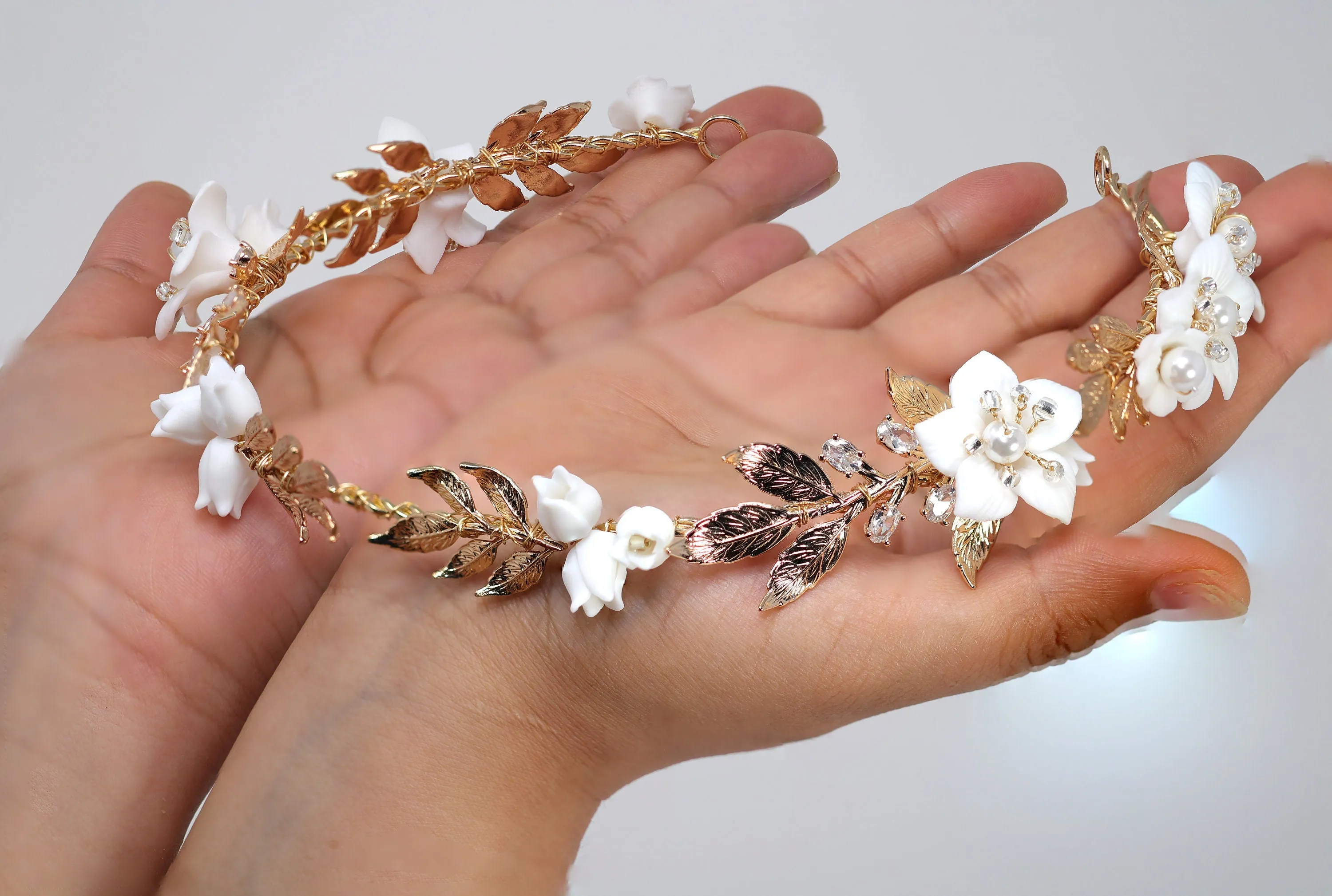 Swarovski Crystals, Pearls White Floral Vine Leaves Wedding Headband, Bridal Rhinestone Head Vine, Statement hair accessories.