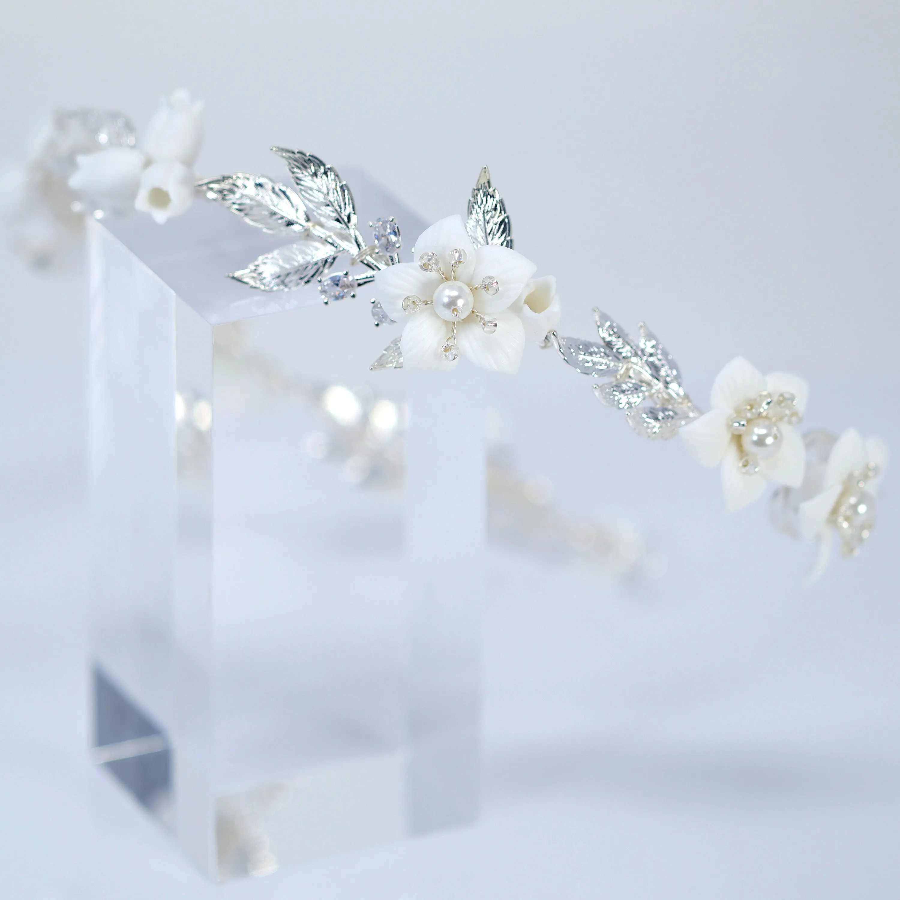 Swarovski Crystals, Pearls White Floral Vine Leaves Wedding Headband, Bridal Rhinestone Head Vine, Statement hair accessories.