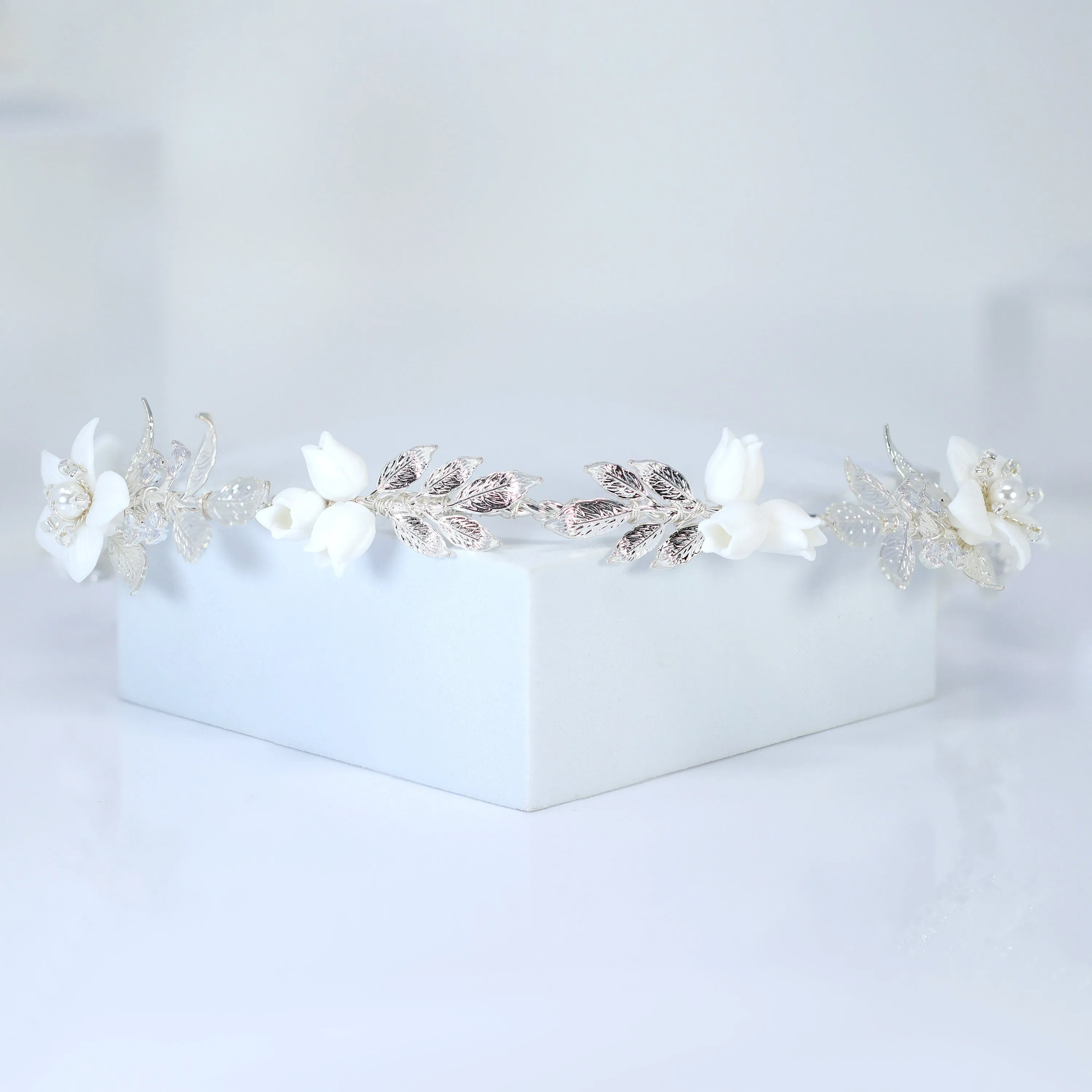 Swarovski Crystals, Pearls White Floral Vine Leaves Wedding Headband, Bridal Rhinestone Head Vine, Statement hair accessories.