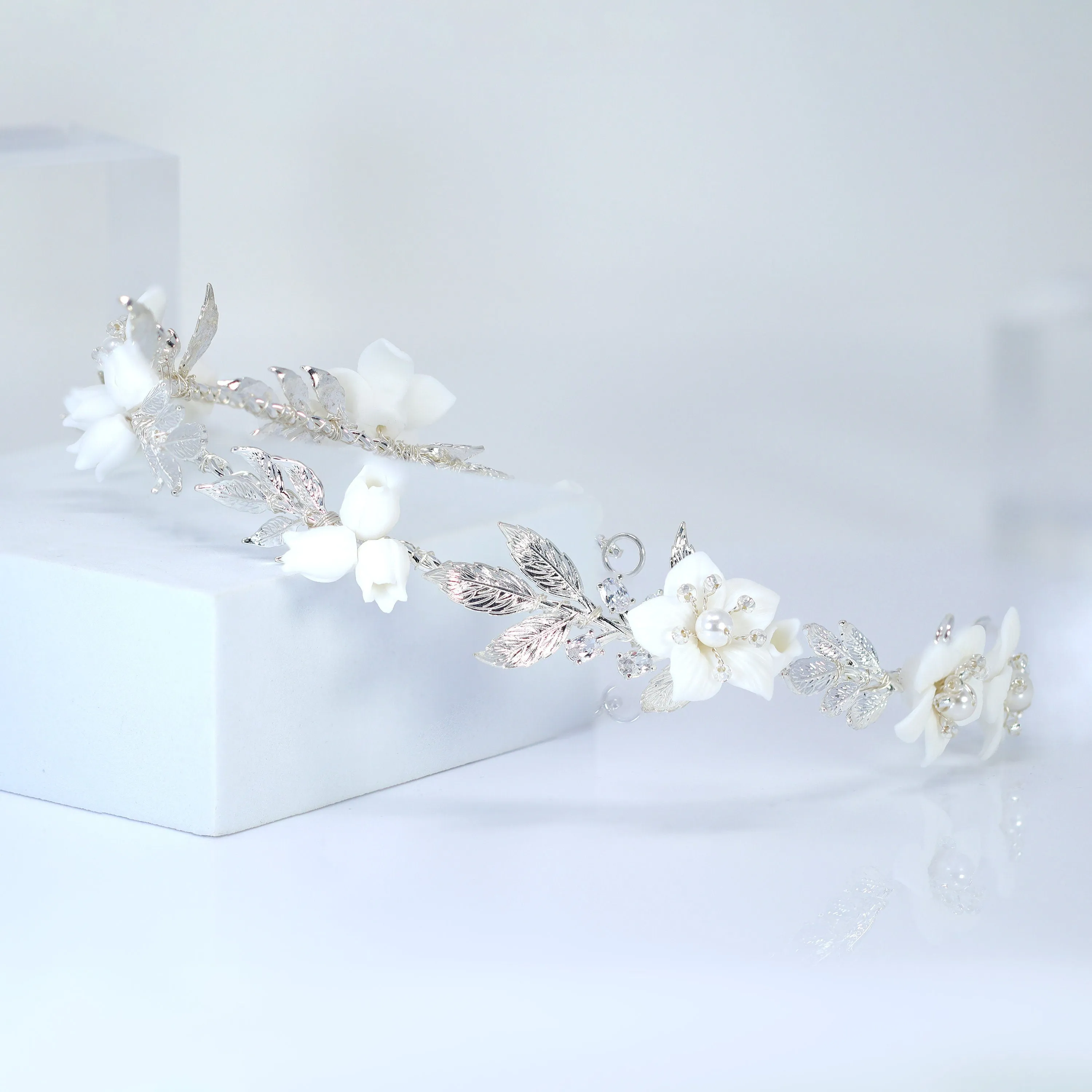 Swarovski Crystals, Pearls White Floral Vine Leaves Wedding Headband, Bridal Rhinestone Head Vine, Statement hair accessories.