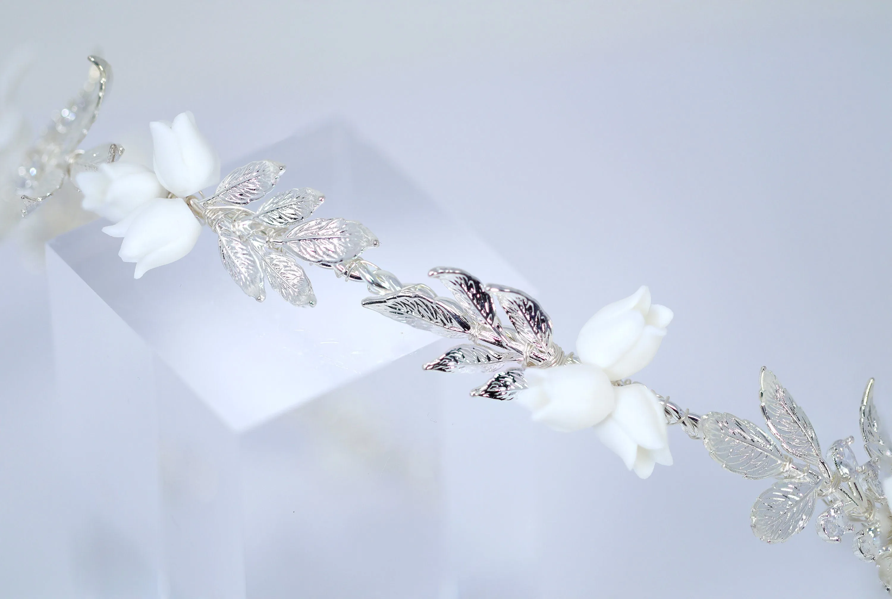 Swarovski Crystals, Pearls White Floral Vine Leaves Wedding Headband, Bridal Rhinestone Head Vine, Statement hair accessories.