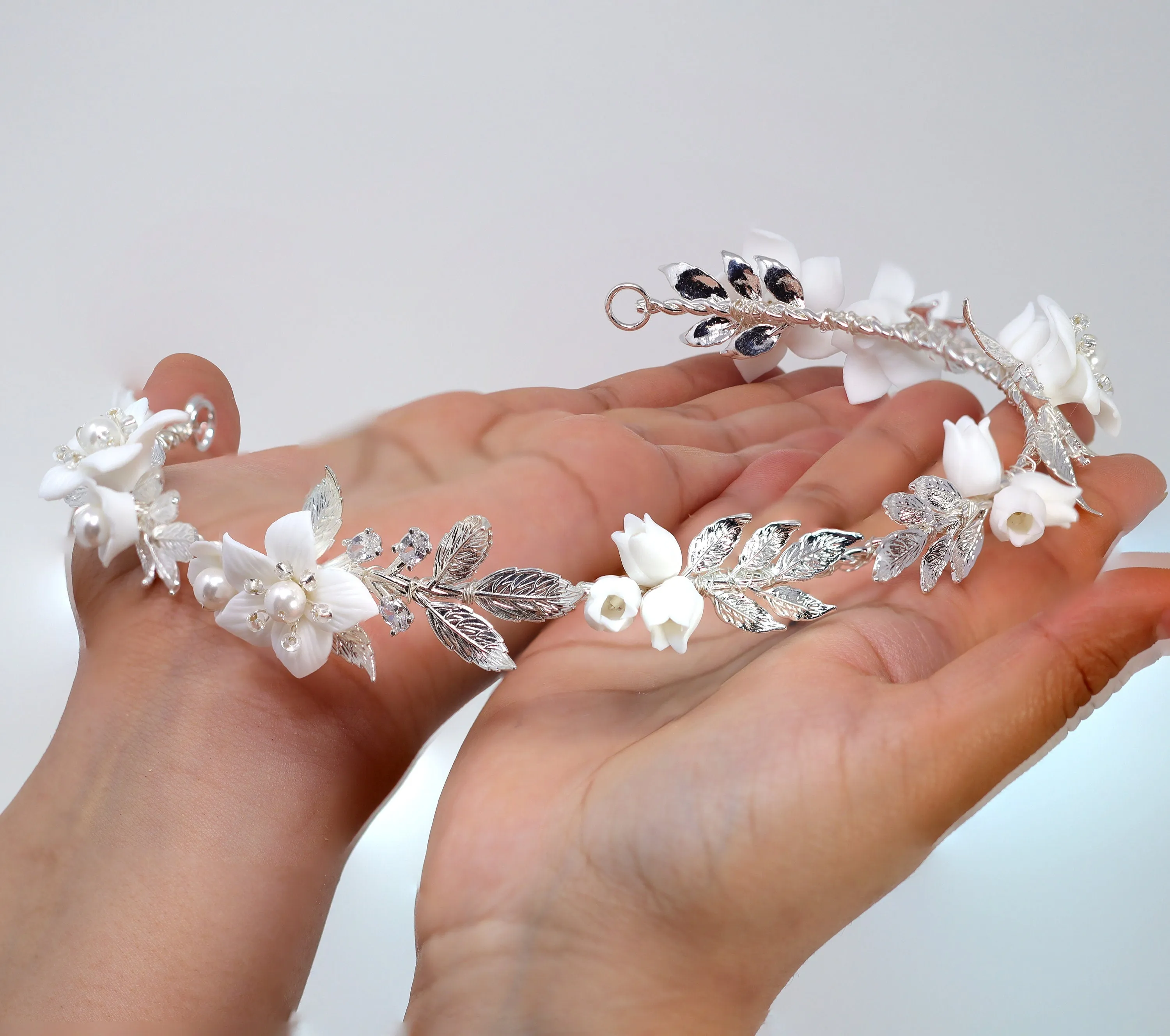 Swarovski Crystals, Pearls White Floral Vine Leaves Wedding Headband, Bridal Rhinestone Head Vine, Statement hair accessories.