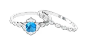 Swiss Blue Topaz Flower Ring Set with Diamond