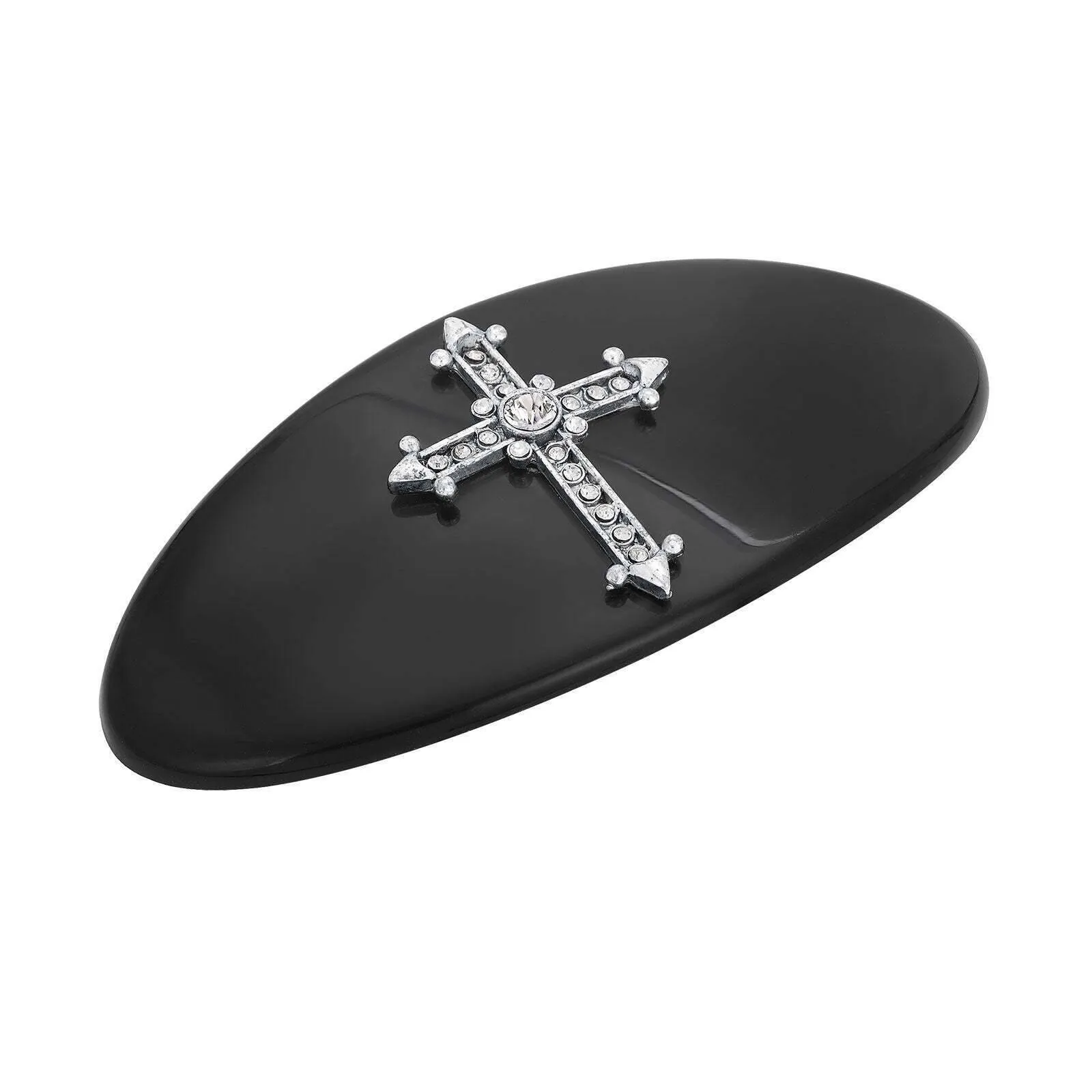 Symbols of Faith Oval Jet Black Pewter Crystal Cross Hair Barrette