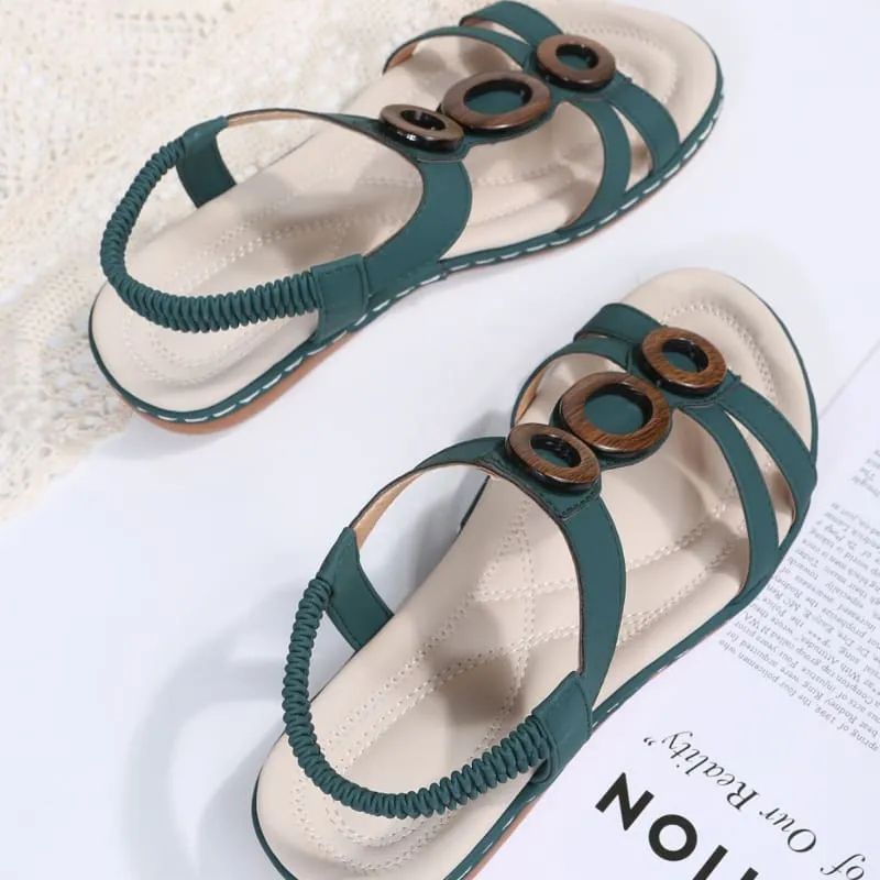 Teal Ladies Bohemian Design Ankle Fasten Sandals with Wooden Ring