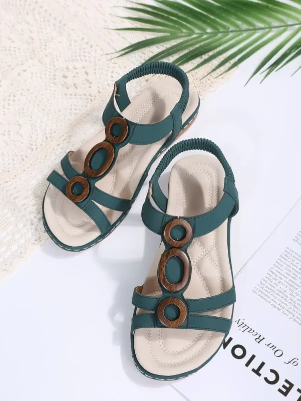 Teal Ladies Bohemian Design Ankle Fasten Sandals with Wooden Ring