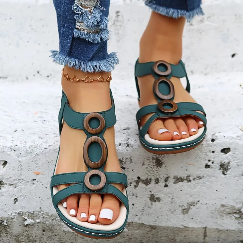 Teal Ladies Bohemian Design Ankle Fasten Sandals with Wooden Ring