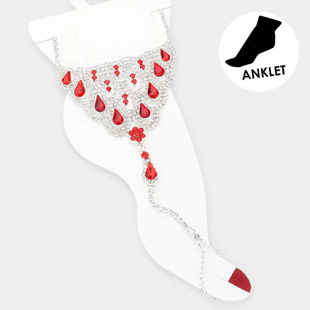 Teardrop Accented Rhinestone Net Toe Ring Evening Anklet -