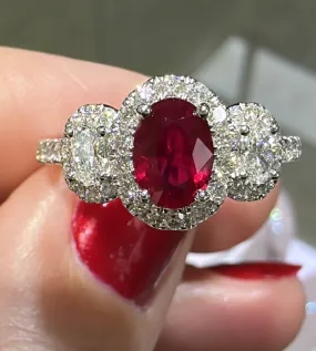 Three Stone Oval Ruby Center Halo Ring with Diamonds