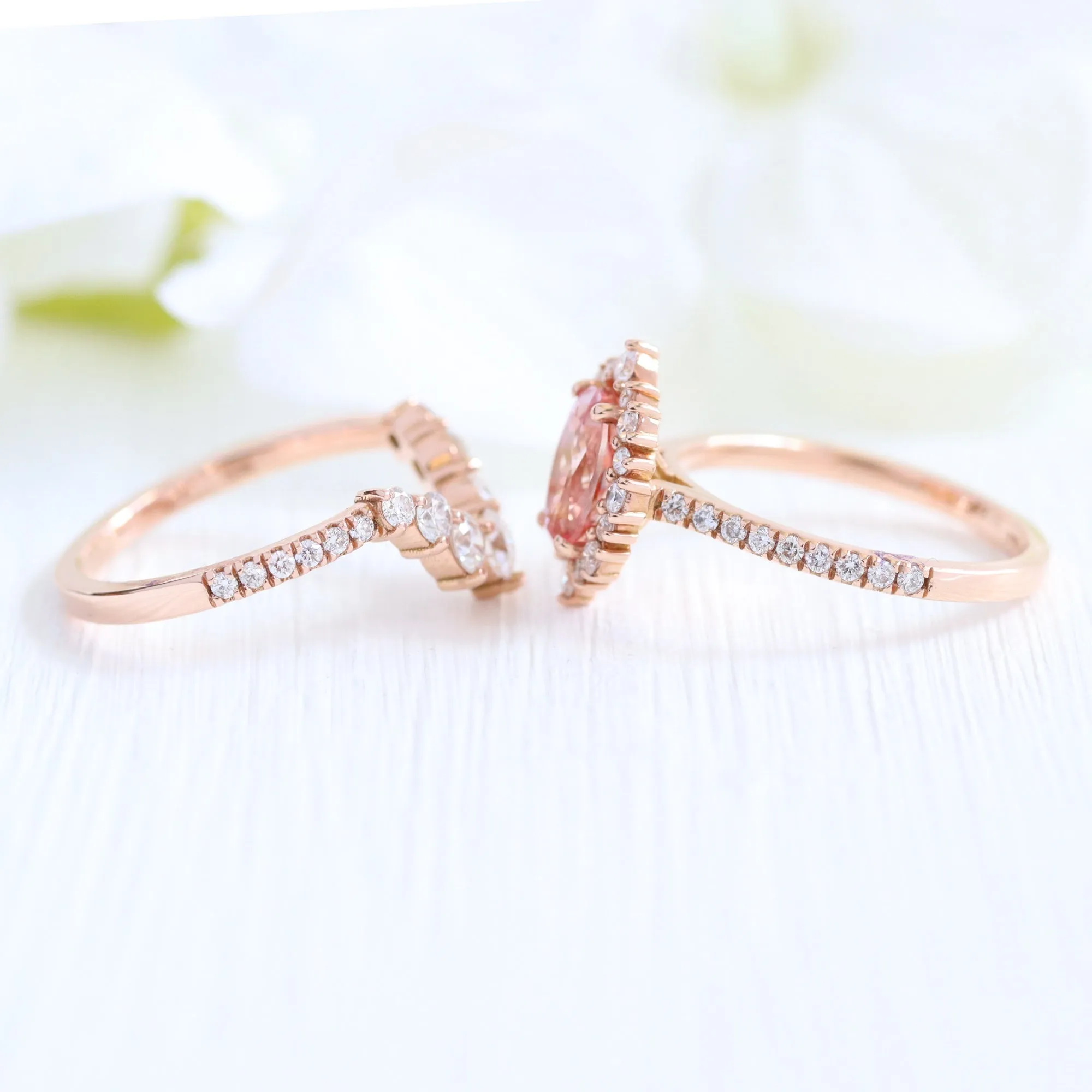 Tiara Halo Oval Pave Ring Set w/ Peach Sapphire and Large 7 Diamond U Band