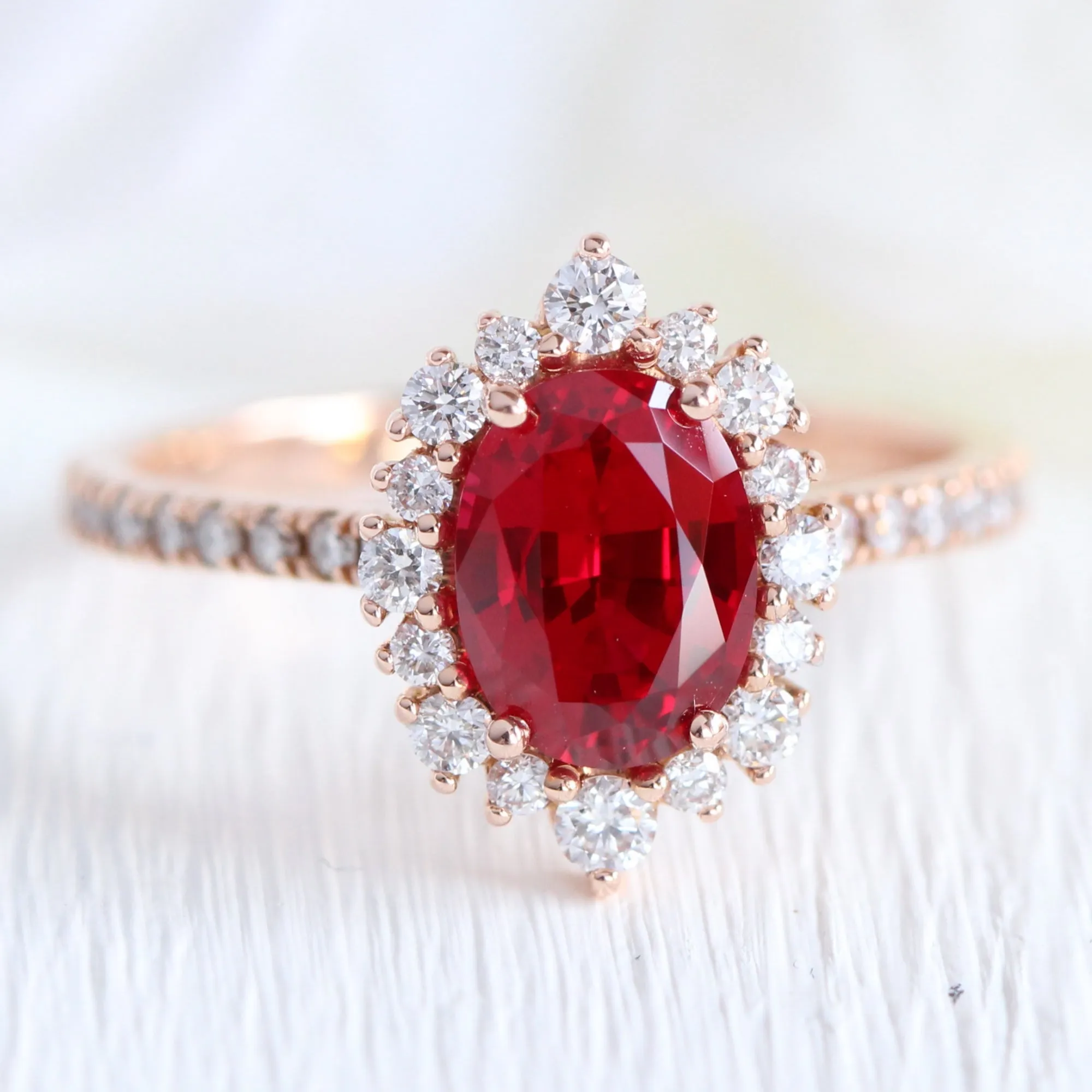 Tiara Halo Oval Ruby Bridal Ring Set w/ Large 7 Diamond U Shaped Pave Band