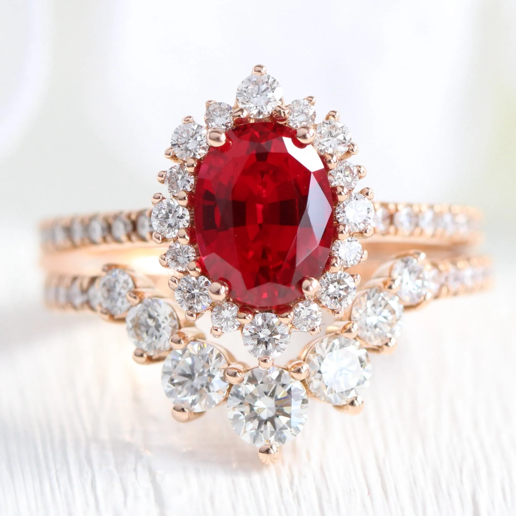 Tiara Halo Oval Ruby Bridal Ring Set w/ Large 7 Diamond U Shaped Pave Band