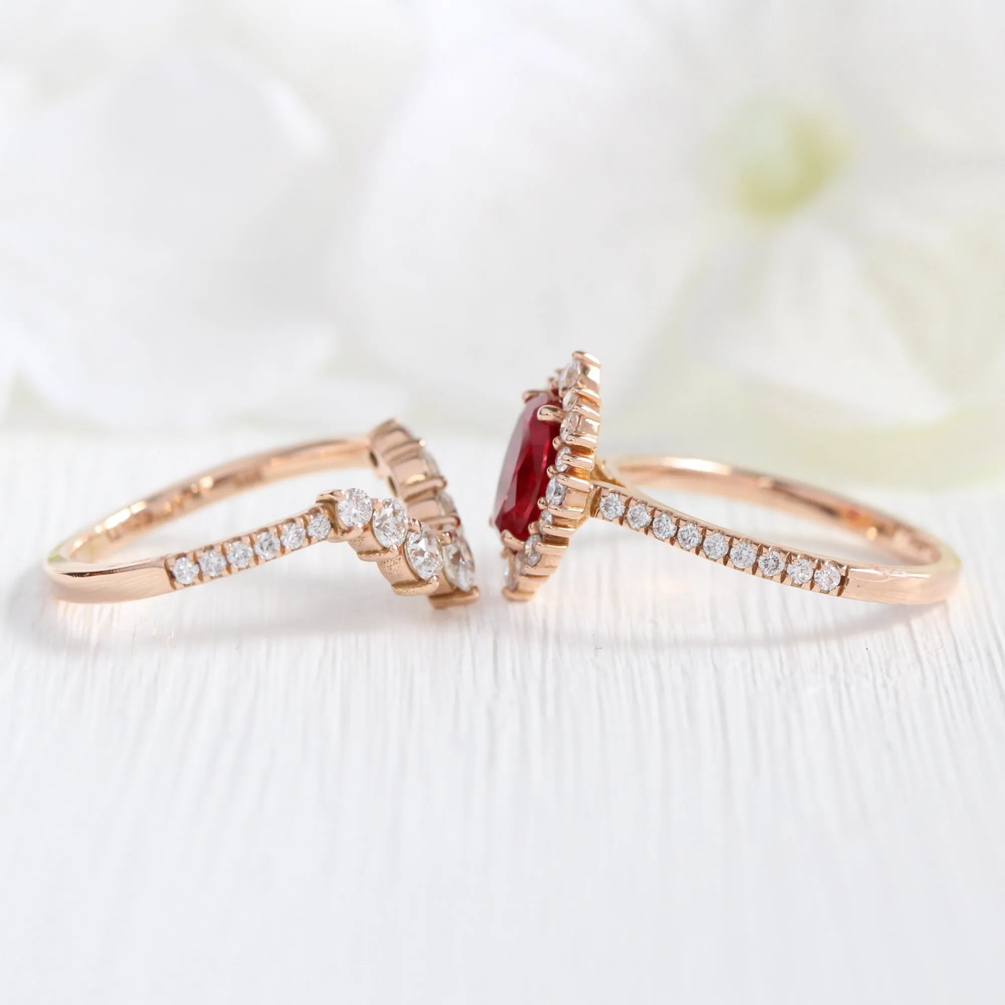 Tiara Halo Oval Ruby Bridal Ring Set w/ Large 7 Diamond U Shaped Pave Band