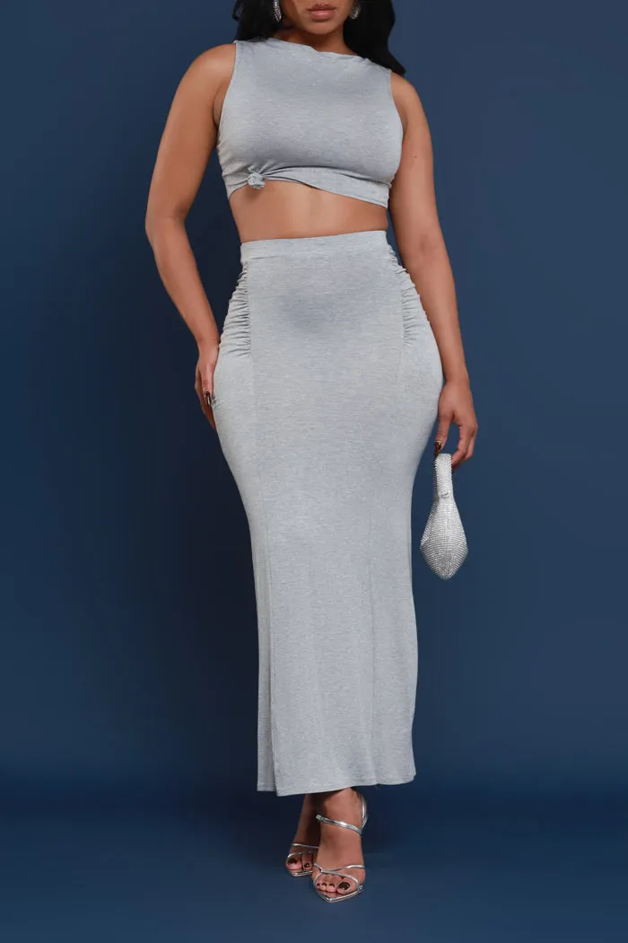 Tie The Knot Cropped Maxi Skirt Set - Heather Grey