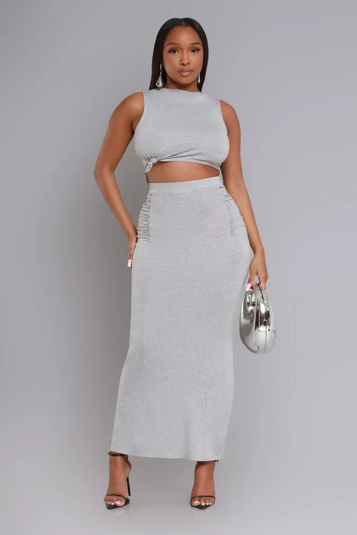 Tie The Knot Cropped Maxi Skirt Set - Heather Grey