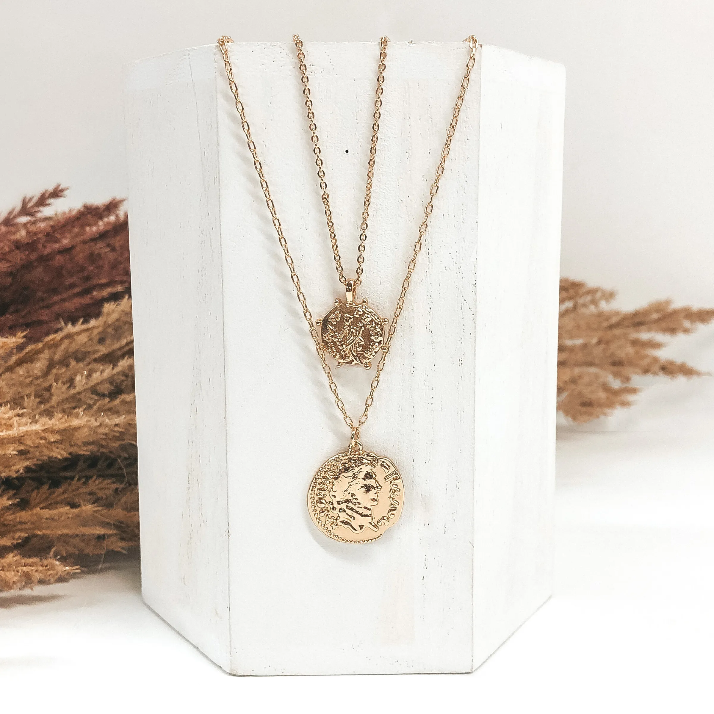 Two Strand Chained Necklace in Gold with Two Gold Coins