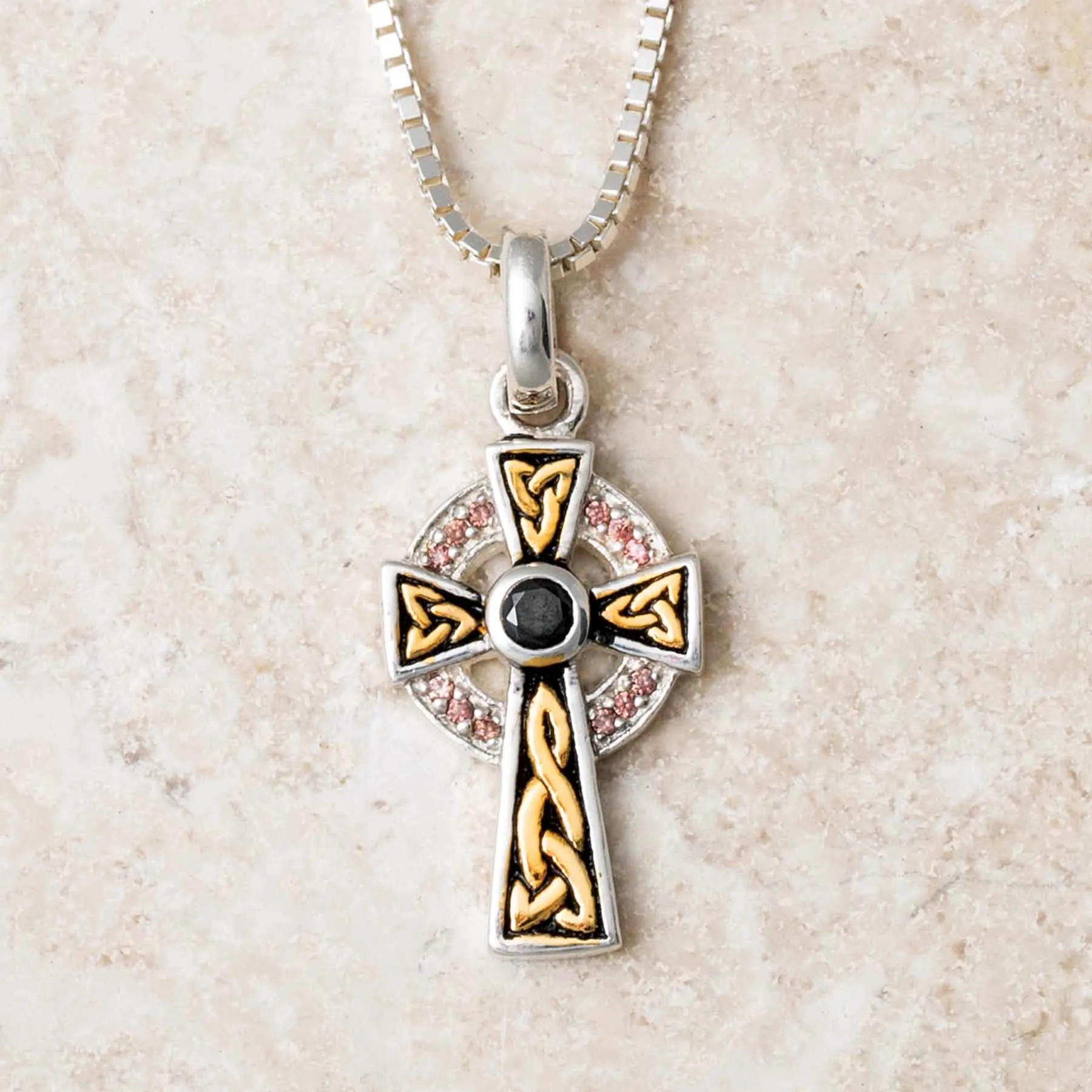 Two Tone Celtic Cross Necklace with Amethyst