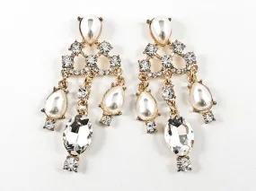 Unique Antique Style Pearl & Crystal Chandelier Design Gold Tone Fashion Earrings