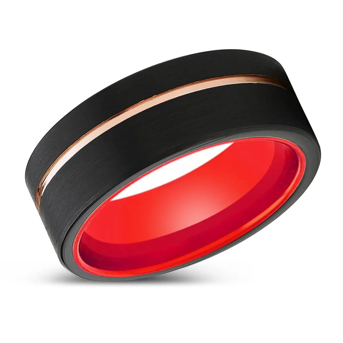 VELVET | Red Ring, Black Tungsten Ring, Rose Gold Offset Groove, Brushed, Flat