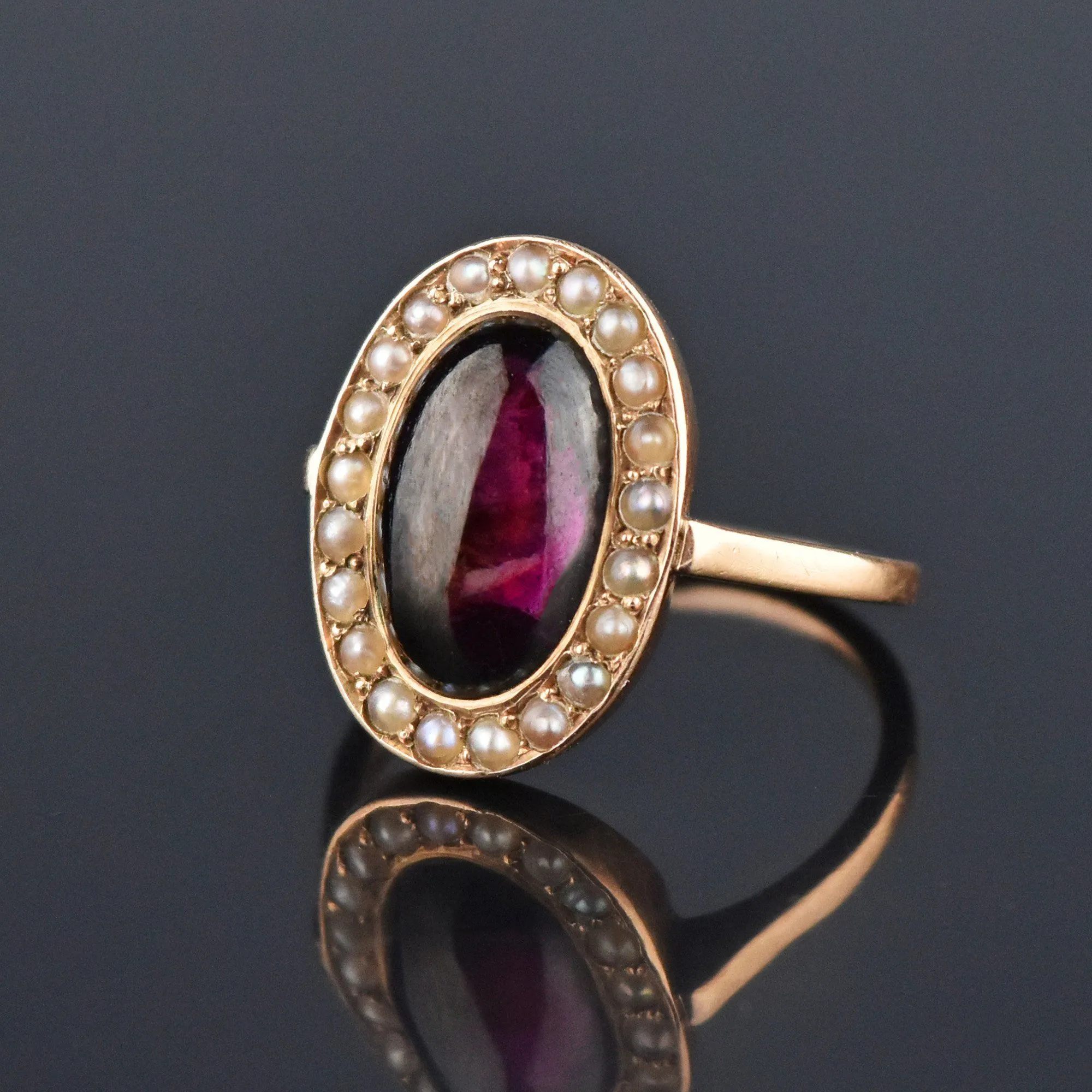 Victorian Pearl Halo Garnet Cabochon 14K Rose Gold Ring