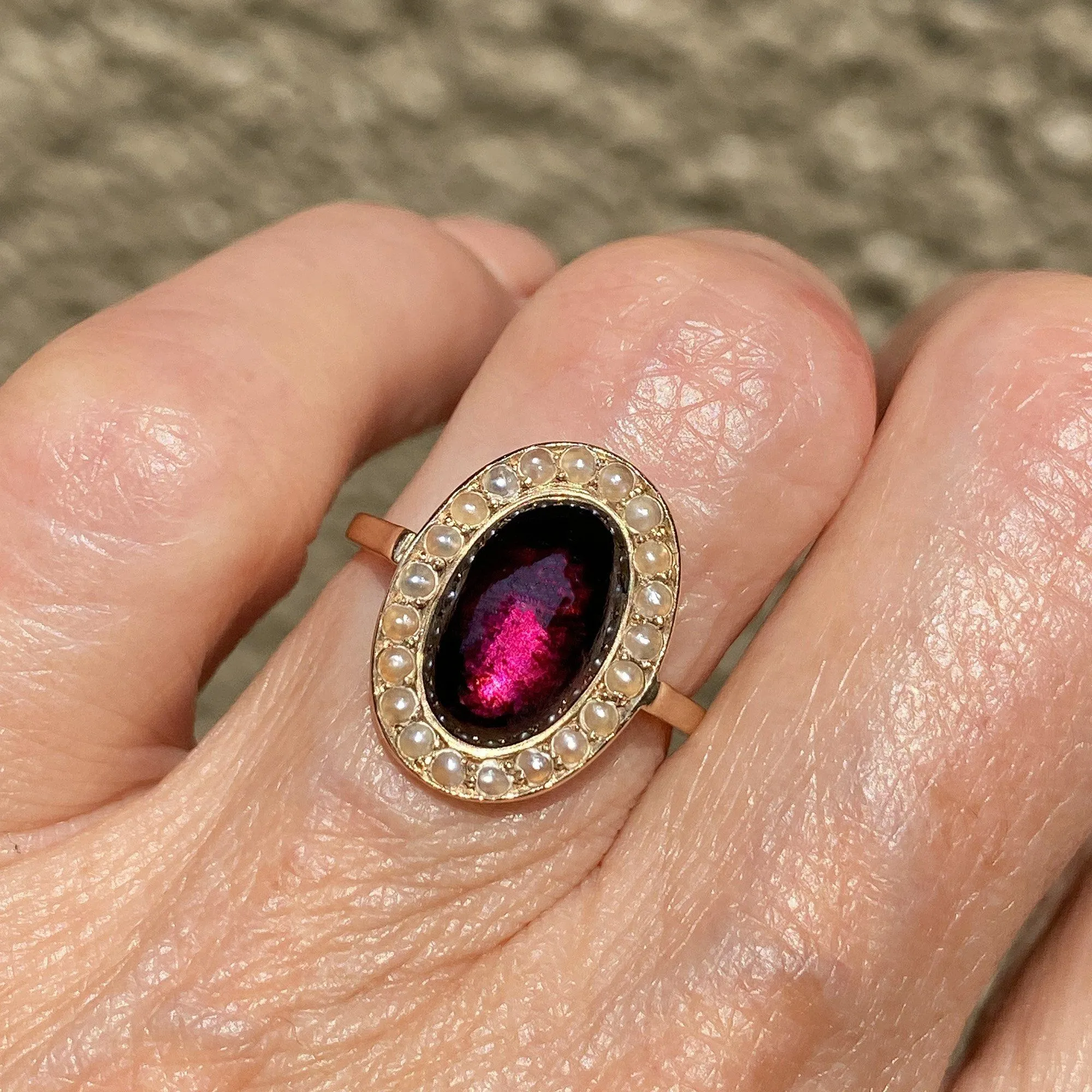 Victorian Pearl Halo Garnet Cabochon 14K Rose Gold Ring