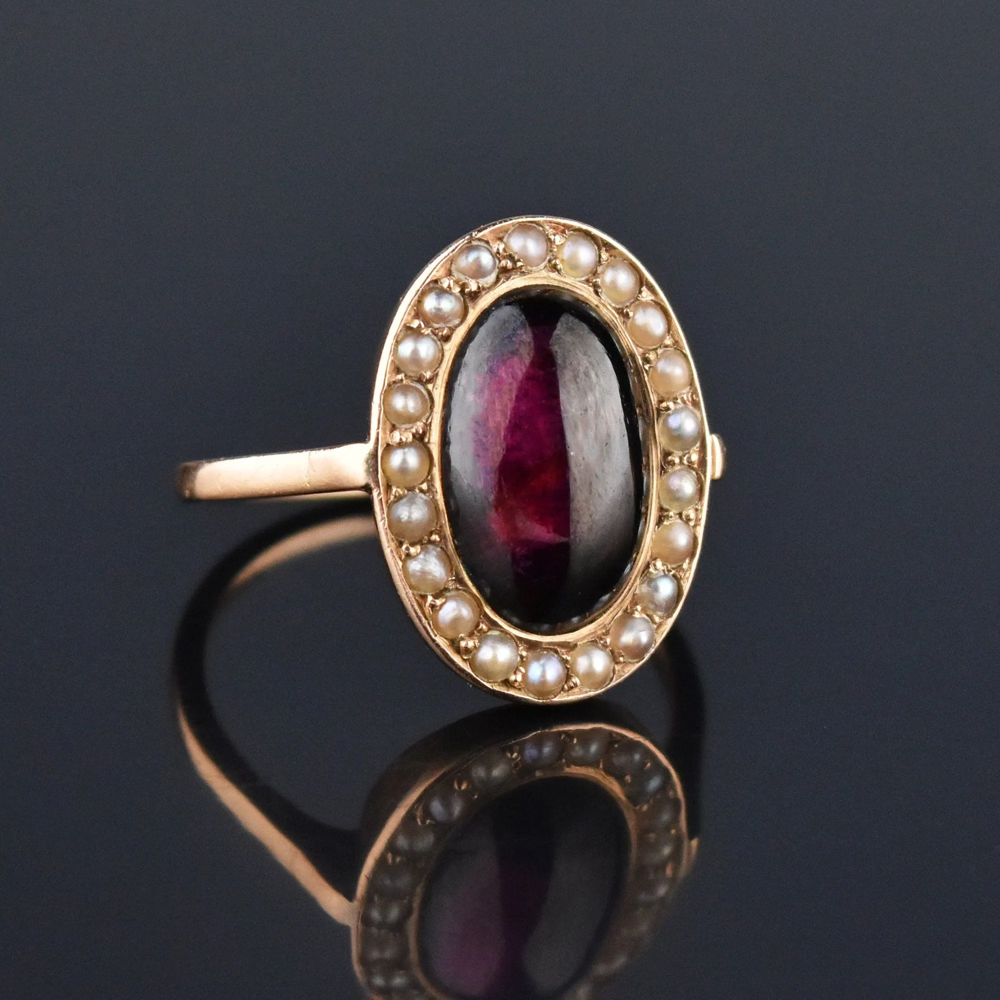 Victorian Pearl Halo Garnet Cabochon 14K Rose Gold Ring