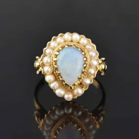 Vintage 14K Gold Pearl Halo Pear Cabochon Opal Ring