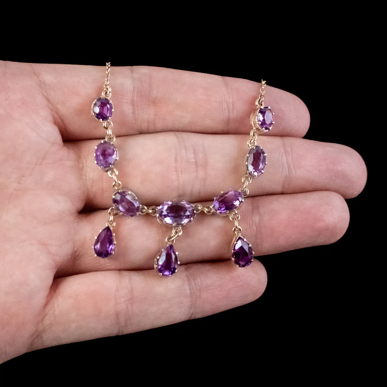 Vintage Amethyst Dropper Necklace 9ct Gold Dated 1963