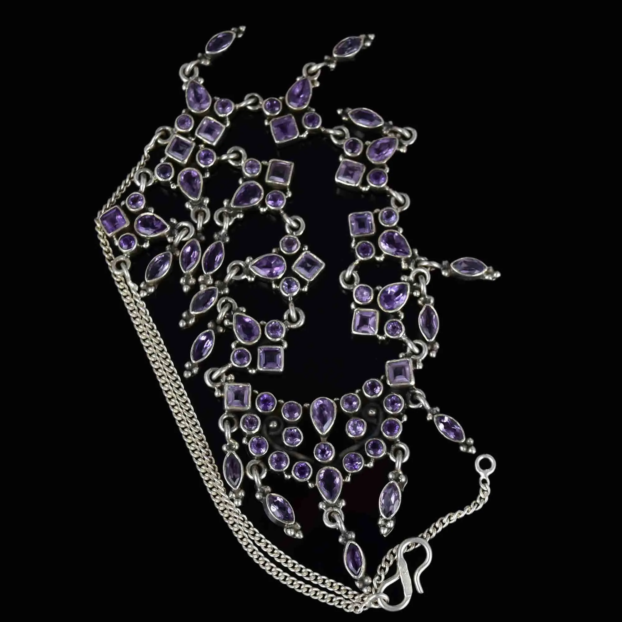 Vintage Art Deco Style Silver Amethyst Waterfall Bib Necklace