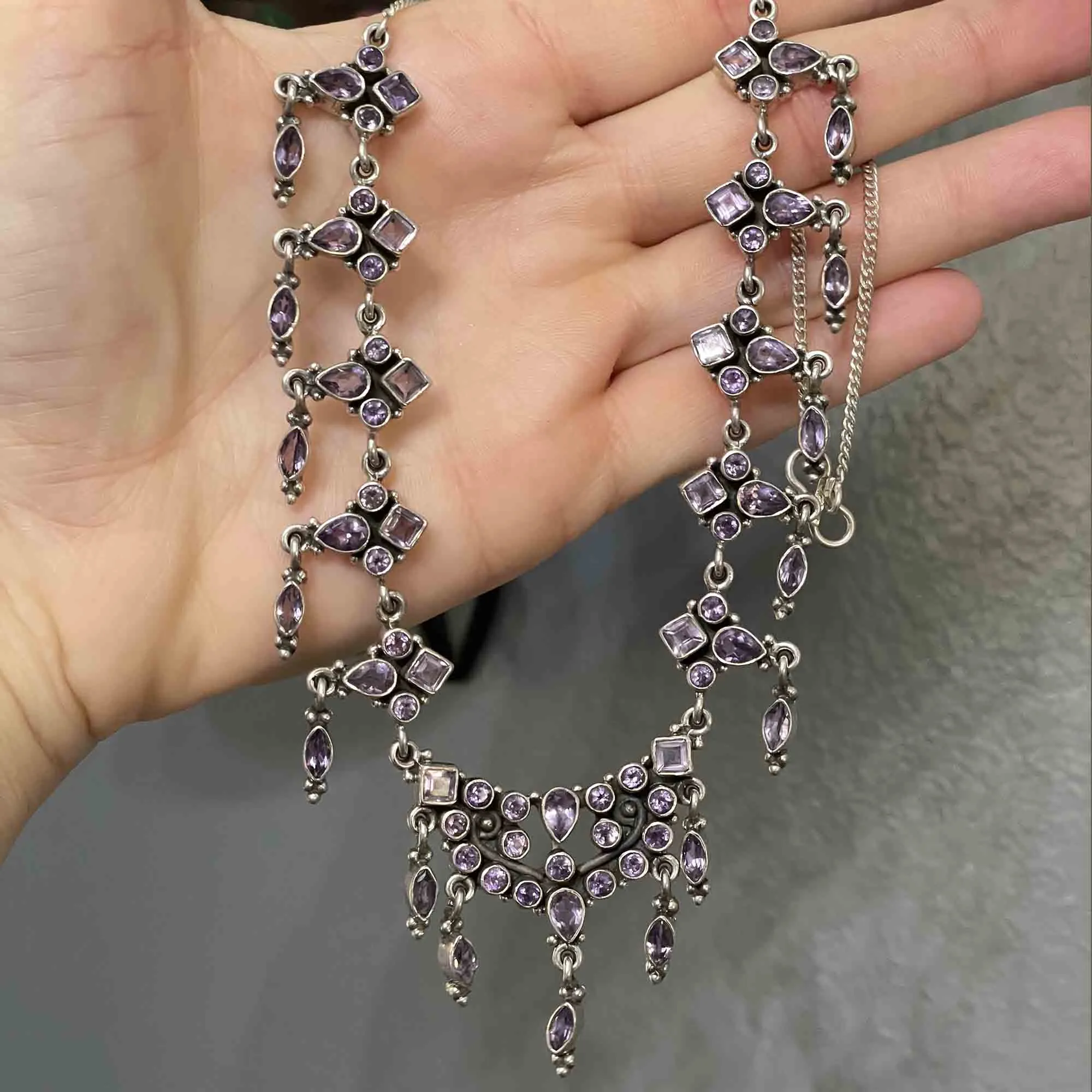 Vintage Art Deco Style Silver Amethyst Waterfall Bib Necklace