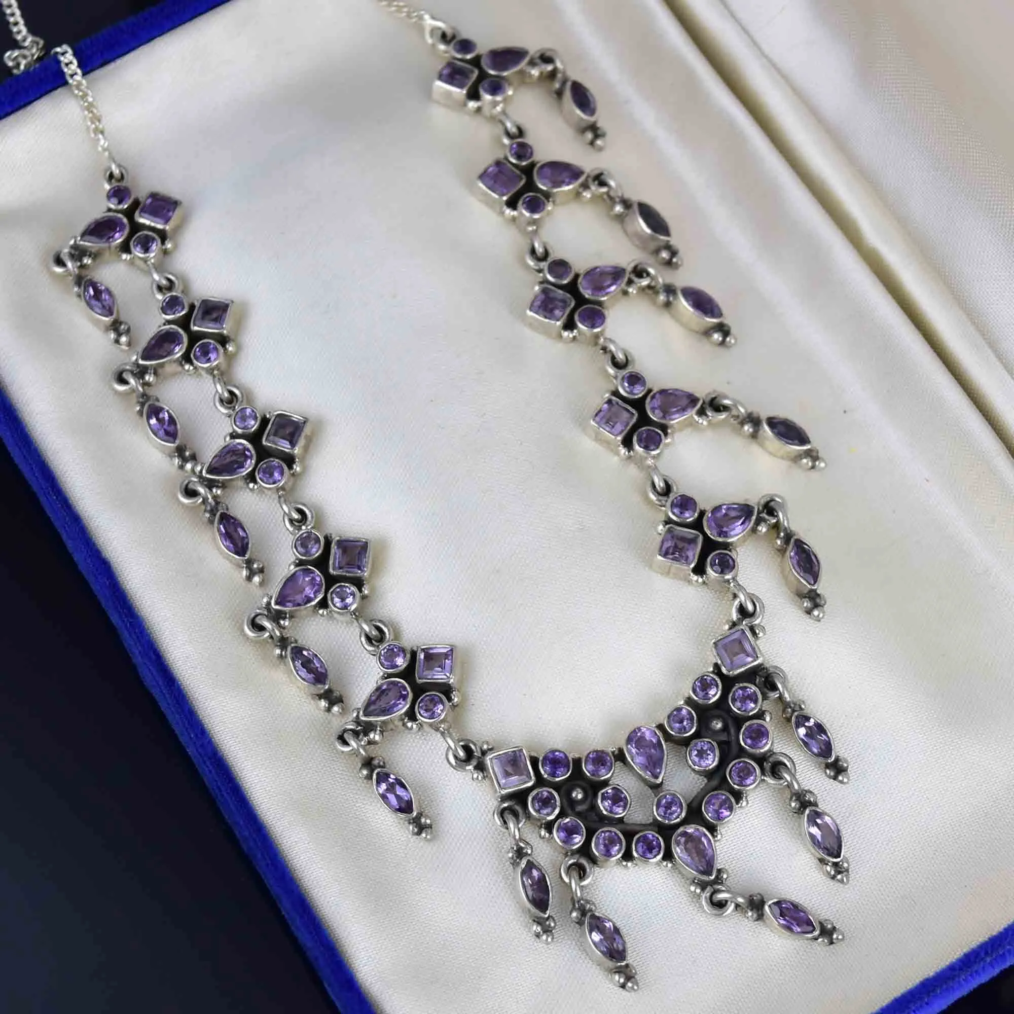 Vintage Art Deco Style Silver Amethyst Waterfall Bib Necklace