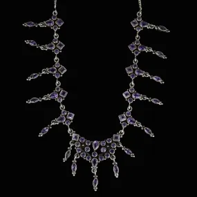 Vintage Art Deco Style Silver Amethyst Waterfall Bib Necklace