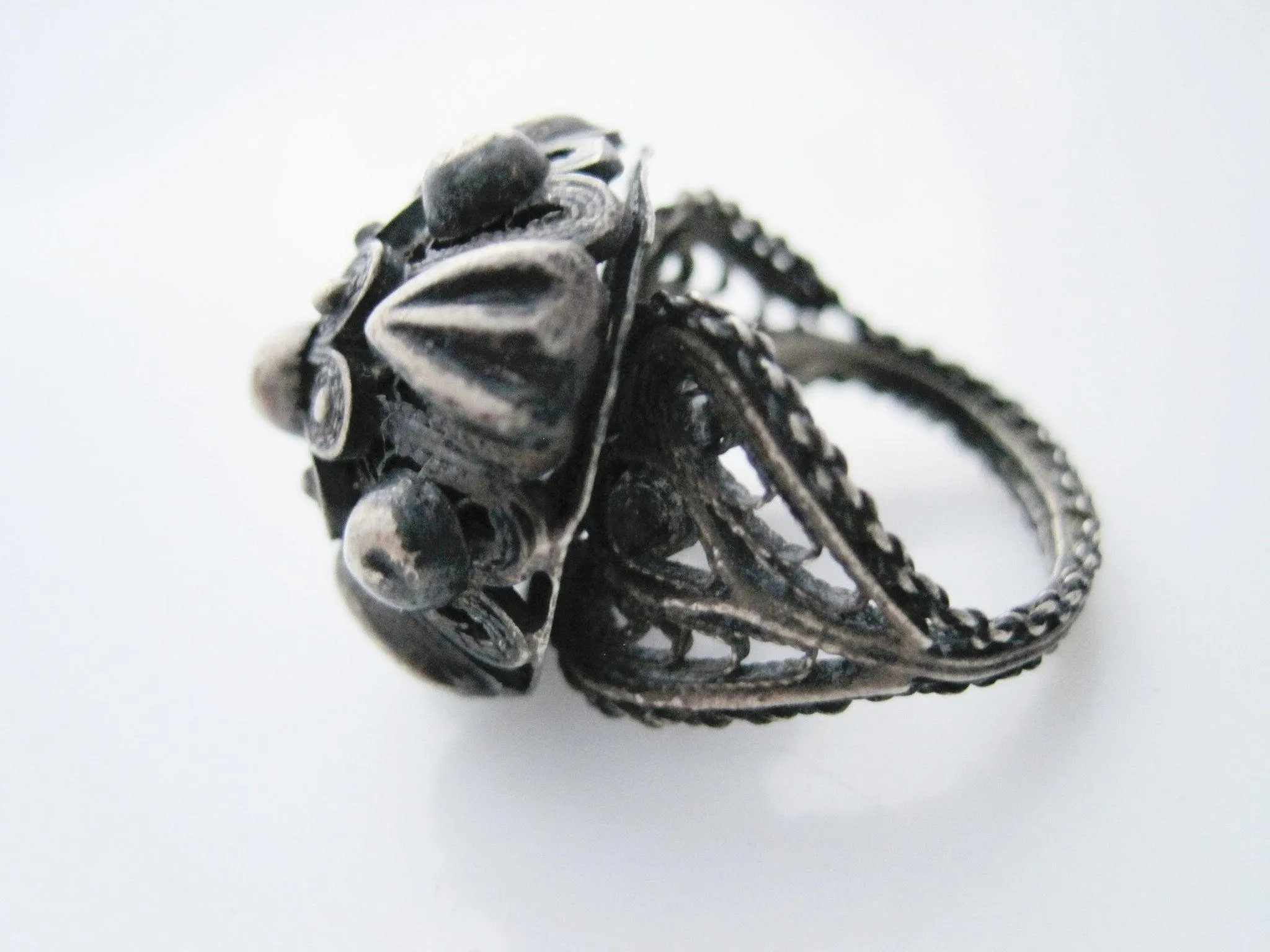 Vintage Ethnic Etruscan Style Silver Filigree Dome Ring